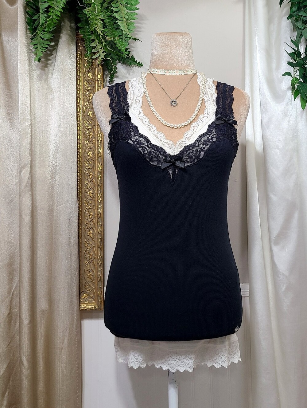 ♡ Y2K ♡ Abercrombie Black Lace Cami Satin Ribbon Bows Tank Top